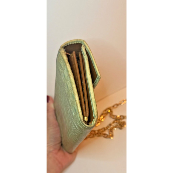 FURLA Light Green Genuine Leather Long Wallet Purse Used aftermarket chain incl - Picture 4 of 16